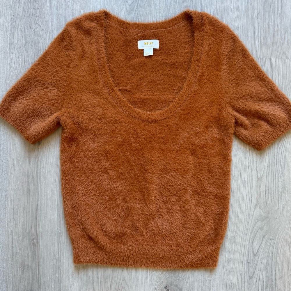 Anthropologie Maeve Eyelash Scoop Neck Rust Fuzzy Sweater Top Size M Medium